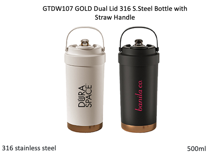 GOLD Dual Lid 316 S.Steel Bottle with Straw Handle – 500ml
